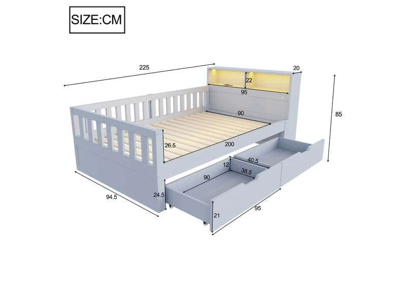  Lit multifonction, 90x200 cm, mobilier de chambre, avec rangements, led, prises, matelas non inclus, bois, coloris gris  - Conforama C
