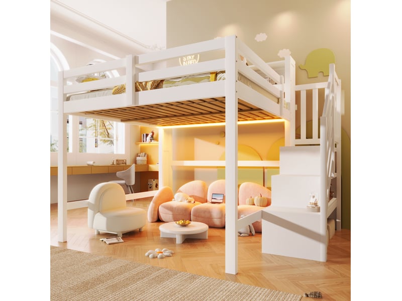  Lit mezzanine modenvie 140 x 200 cm avec led escalier de rangement étagères ouvertes bois mdf contreplaqué blanc sans matelas  - Conforama E