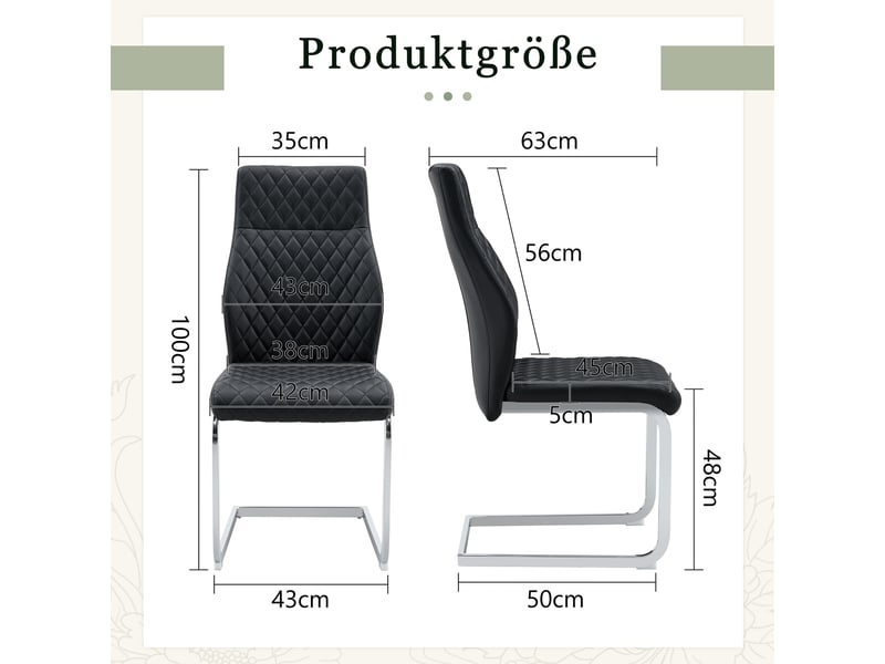  Chaises de salle à manger lot de 2 à dossier haut matelassé  - pieds métal argenté, simili cuir noir  - Conforama D