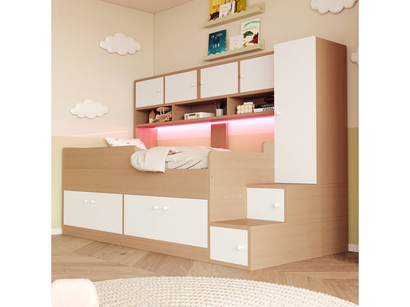 Lit enfant 90x200 cm avec rangements, armoire, échelle, led et structure mdf bois naturel - Conforama B