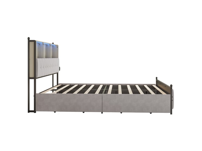  Lit avec 4 tiroirs 180x200, lit double avec éclairage led, lit adulte, tête de lit rangement et ports usbtype-c, cadre de lit en métal et bois, scandinave, velours, beige  - Conforama D