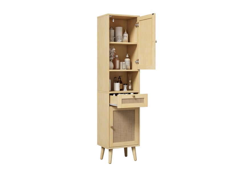  Armoire de salle de bains haute 166 cm en mdf, aspect bois clair, portes en paille réversibles et tiroir pratique  - Conforama A