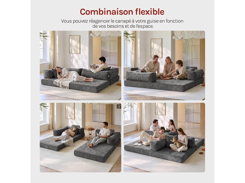 Canapé-lit convertible 3 places, sofa de sol modulaire, coussins amovibles,207x106x68cm,gris foncé - Conforama E