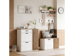 Ensemble 5 pièces meuble à chaussures portemanteau incluant armoire banc miroir étagère suspendue panneau 4 crochets pour couloir entrée salon