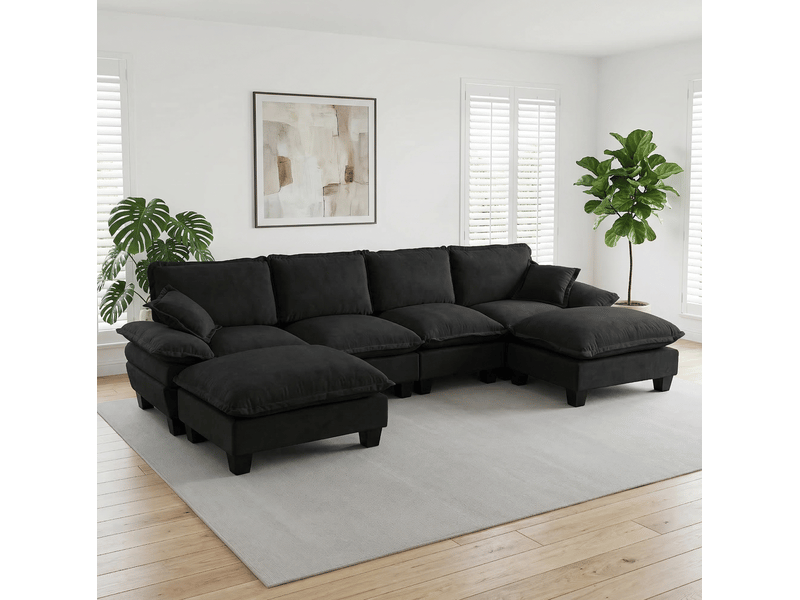 Canapé d'angle modulable en u modenvie 6 places en tissu chenillé noir avec module ottoman mobile - Conforama D