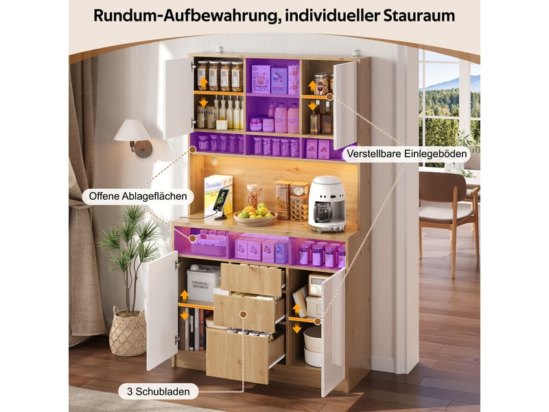 Armoire de cuisine haute 108x40x180cm, prises électriques, usb et led rgb connectée, 4 portes, 3 tiroirs, rangements réglables, blanc et bois - Conforama E