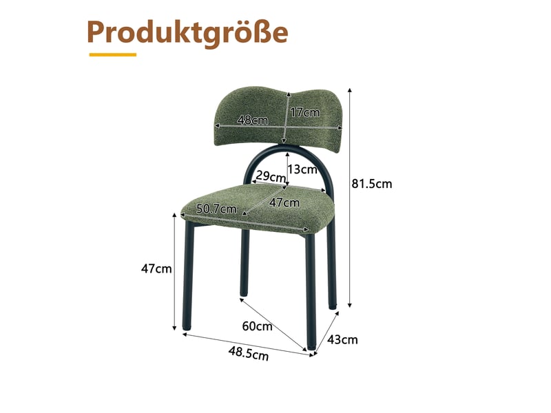  Chaises de salle à manger lot de 2 avec dossier incurvé rembourré  - métal noir, tissu vert  - Conforama D