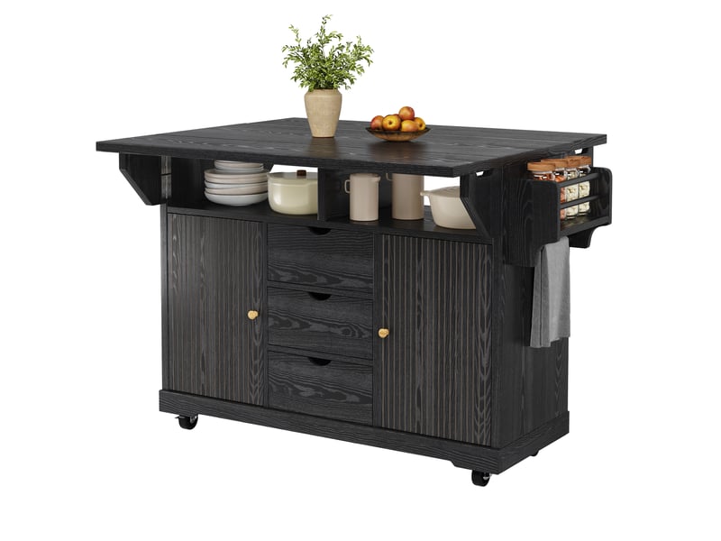 Desserte de cuisine 142,5 x 80 x 95 cm, noire en mdf et métal, extensions rabattables, 3 tiroirs  - Conforama A