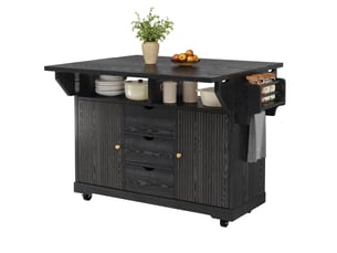 Desserte de cuisine 142,5 x 80 x 95 cm, noire en mdf et métal, extensions rabattables, 3 tiroirs