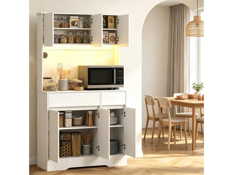  Buffet de cuisine haut blanc, meuble de rangement 6 portes et 2 tiroirs, led. Vendu sans matelas.  - Conforama C