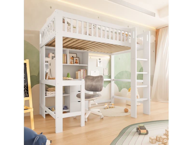  Lit mezzanine 90x200 cm, blanc, équipé de bureau et 3 tiroirs, bois et mdf, sans matelas  - Conforama D