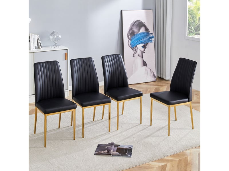  Chaise de salle à manger noire ensemble 4 pièces pieds en métal doré revêtement en cuir synthétique noir style moderne  - Conforama A