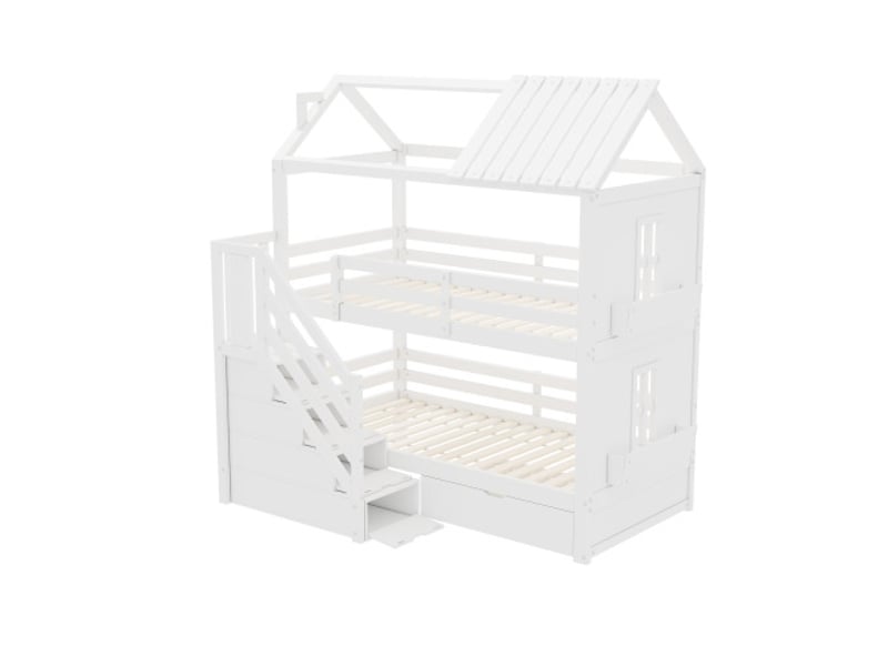  Lit superposé 90x200 cm, lit enfant avec escalier de rangement, tiroirs et étagères, en bois, blanc, sans matelas  - Conforama E