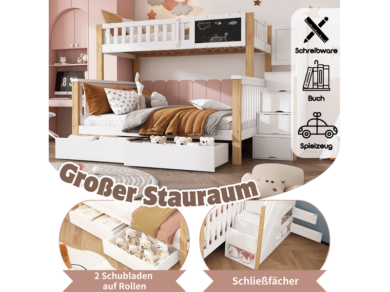  Lit superposé 90x200 et 140x200cm - tableau &amp; escalier rangement - lit superposé enfant - 2 tiroirs, blanc et chêne, pin  - Conforama A