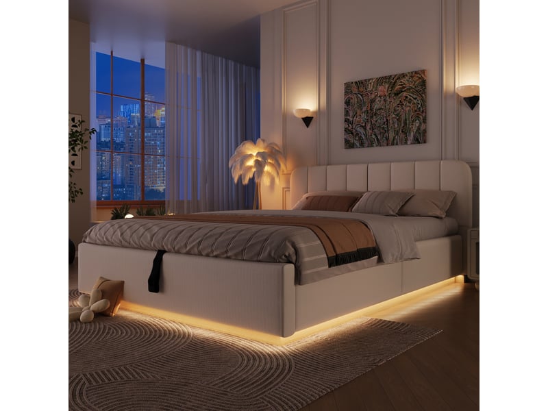  Lit coffre hydraulique 140x200 cm rembourré en chenille beige avec tête de lit, led intégrée et sommier à lattes Morn Vibe - Conforama C