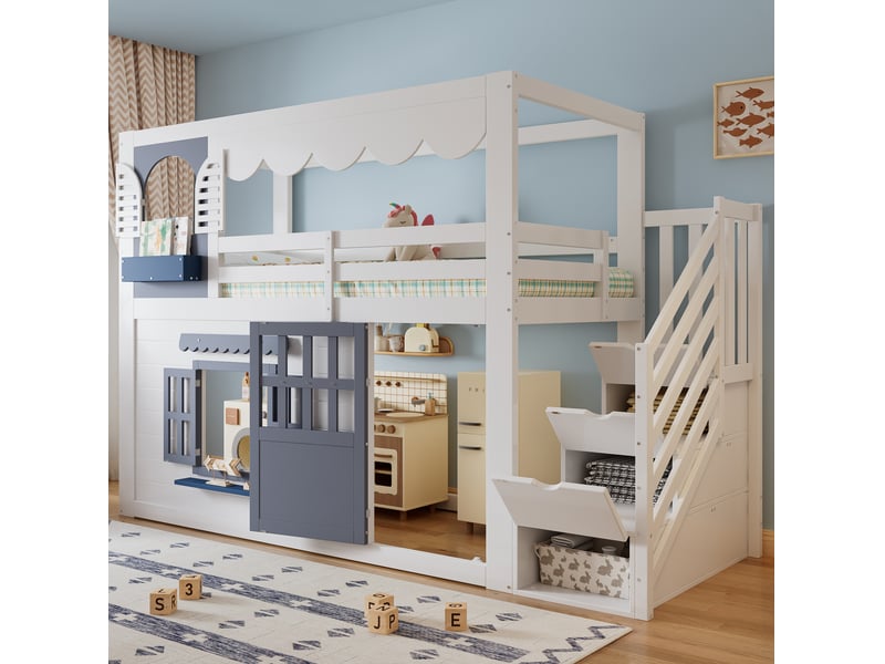  Lit mezzanine enfant 90x200 cm avec escalier de rangement, blanc et bleu  - Conforama B