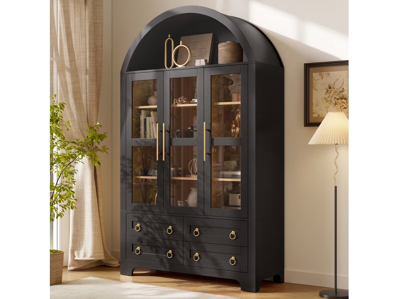 Buffet haut 110x40x185 cm avec 3 portes vitrées et 4 tiroirs noir - Conforama E