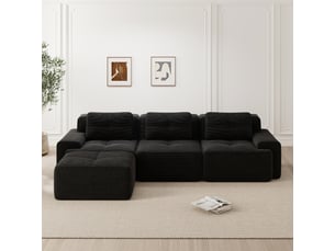 Canapé modulable cloud 3 places en l avec ottoman, velours côtelé noir, assise profonde, sans montage