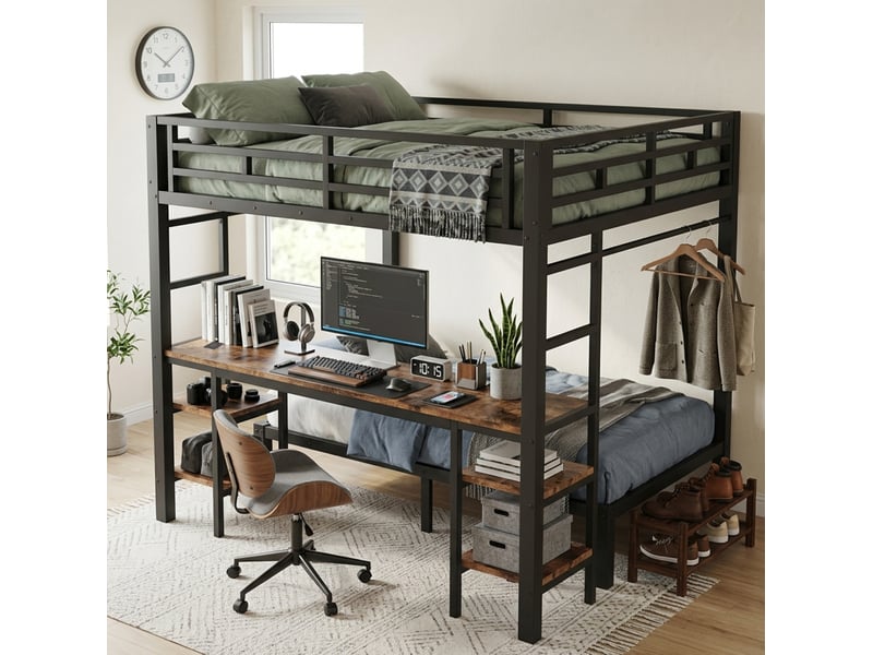  Lit superposé 140x200 et 90x200 cm en métal noir avec bureau et prises usb  - Conforama B