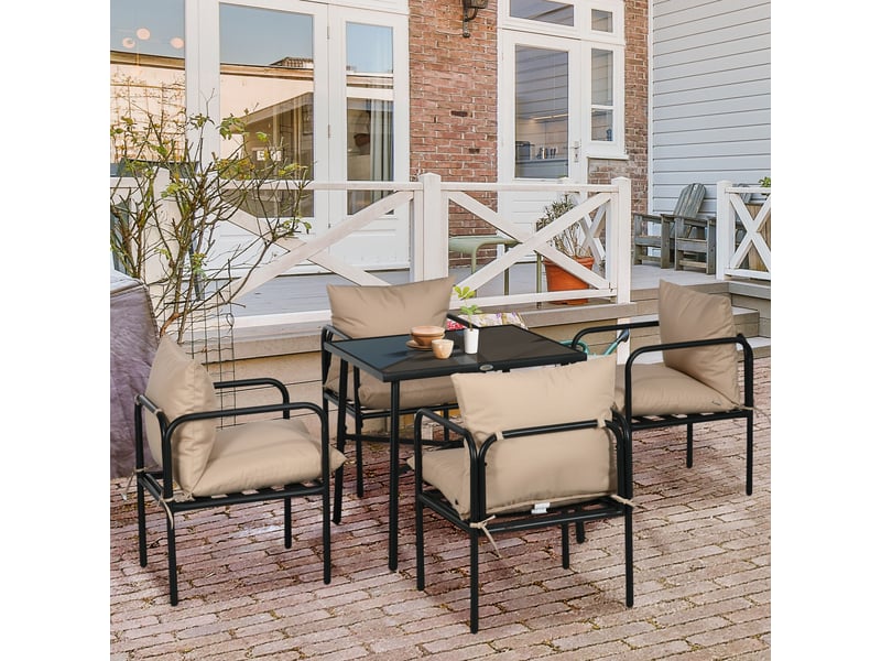  Salon de jardin ensemble table et chaises 5 pièces 1 table à manger carrée et 4 chaises 4 coussins  - Conforama C