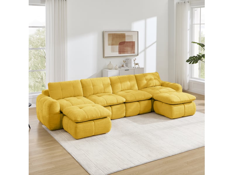  Canapé panoramique en u modulable 4 places avec 2 repose-pieds, sans cadre, en chenille jaune 334 × 160 × 68 cm  - Conforama B