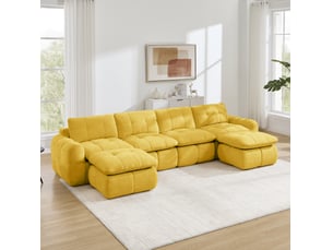 Canapé panoramique en u modulable 4 places avec 2 repose-pieds, sans cadre, en chenille jaune 334 × 160 × 68 cm