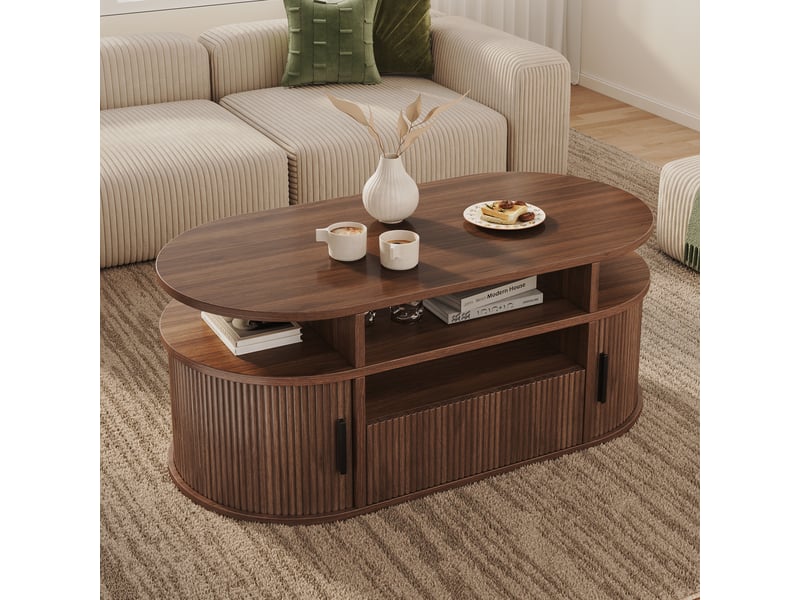  Table basse à bords arrondis 100 x 50 x 40 cm, 1 tiroir à pression, 2 portes à rideau, niches ouvertes, mdf et panneaux de particules, décor noyer Luxe haut de gamme - Conforama E