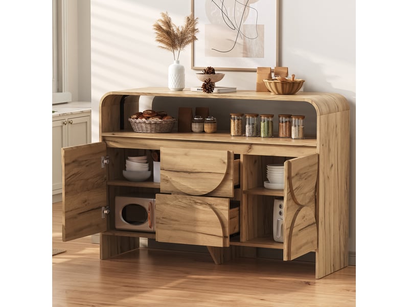  Buffet bas 120x40x86 cm, 2 portes, 2 tiroirs, niche ouverte, éclairage multicolore, usb-a, mdf, brun naturel  - Conforama E