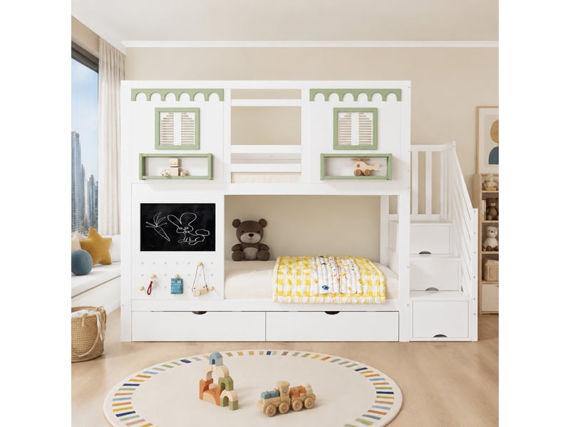 Lit superposé enfant 2 places 90×200 cm, escalier rangement et 2 tiroirs - sans matelas, bois blanc et vert - Conforama B
