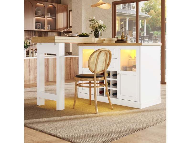  Table extensible 120-197x40x72 cm blanche en mdf et métal, pivotante 360°, avec rangements et cave à vin  - Conforama B