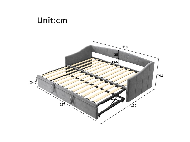 Canapé-lit 90/180 x 200 cm, lit de jour convertible pour 2 adultes, lit rembourré avec lit d'appoint coulissant et sommier à lattes, convertible en lit d'appoint, velours, gris, sans matelas - Conforama D