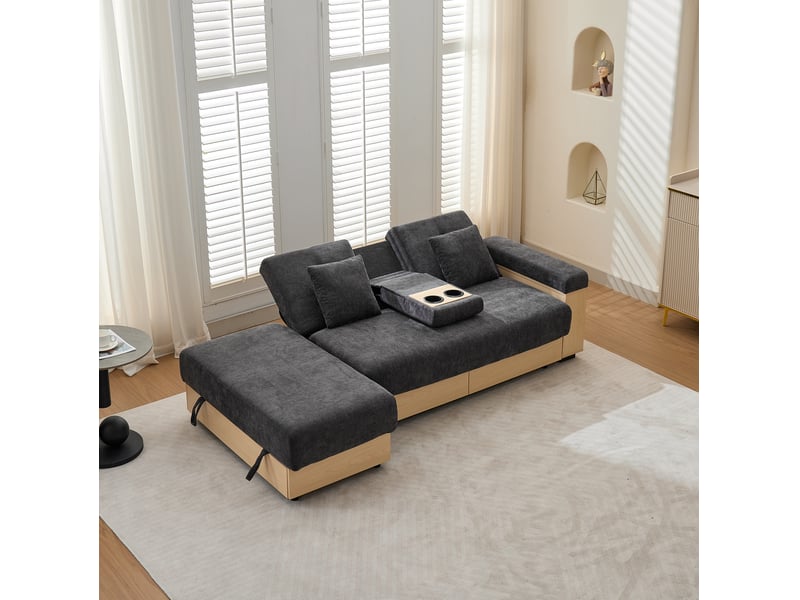 Canapé convertible 3 places avec dossier réglable, rangement, 2 tiroirs et porte-gobelets en chenille gris - Conforama B