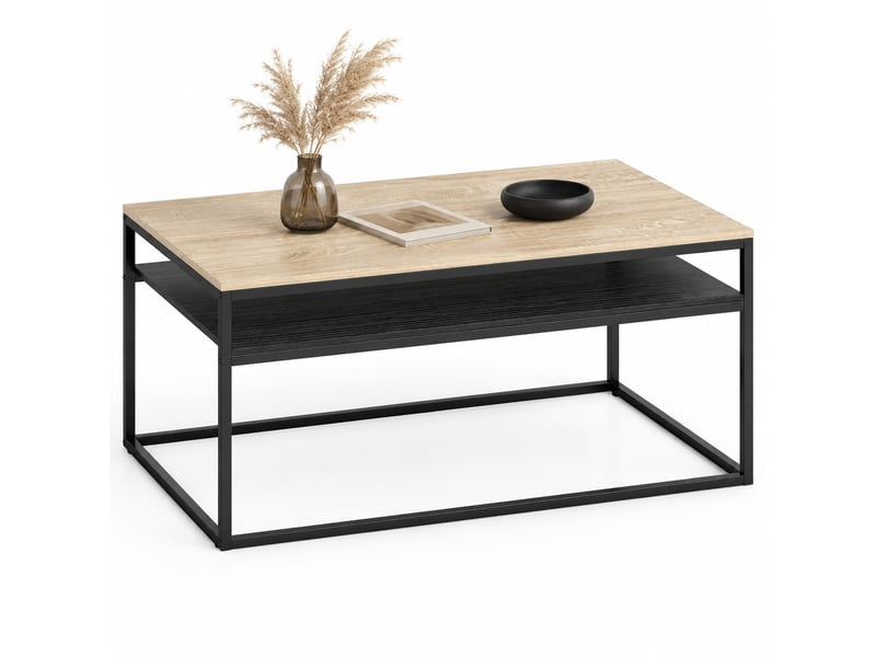  Table basse avec étagère, décor chêne et structure noire, 100 x 59,8 x 47 cm  - Conforama A