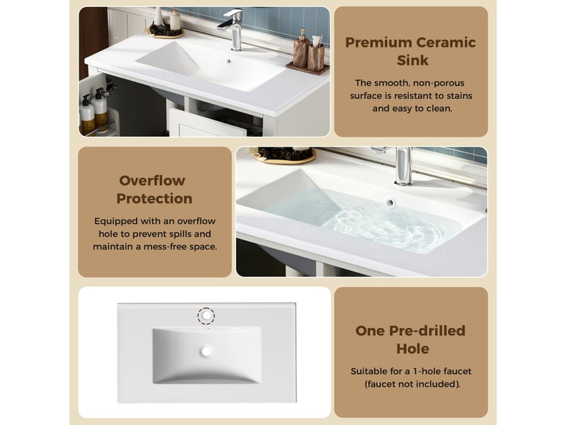 Meuble sous vasque sur pied 81x47 cm – blanc – 3 tiroirs, porte amortie et vasque en céramique incluse - Conforama E
