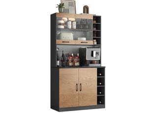 Armoire de cuisine avec led 100x47x187 cm, buffet haut pour micro-ondes, étagères réglables, gris et bois