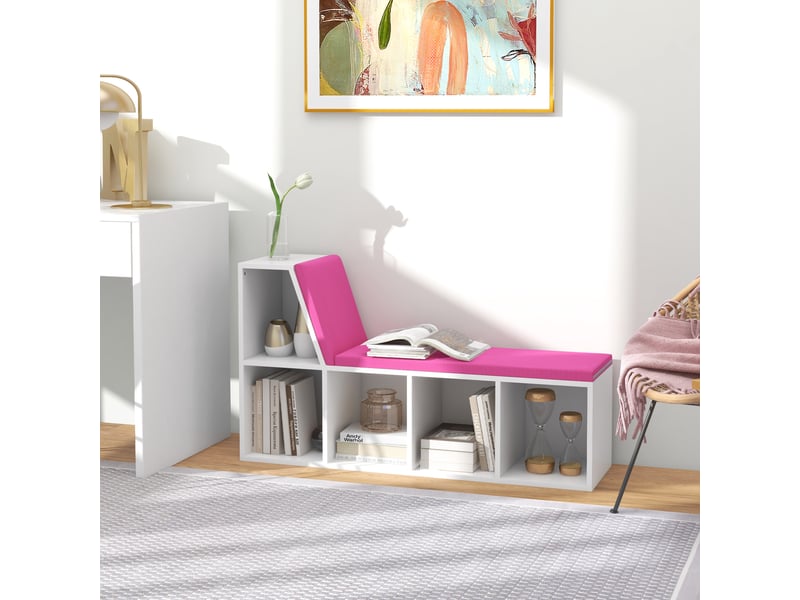 Bibliothèque banc 2 en 1 avec 5 compartiments de rangement et 2 coussins 108 x 30 x 60 cm blanc rose - Conforama C