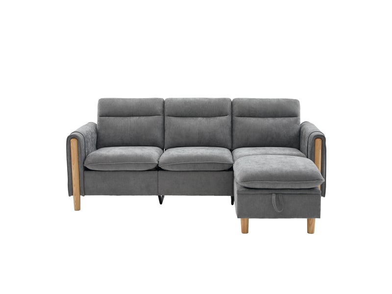  Canapé d'angle 3 places en tissu chenille gris, avec pouf à rangement, poches latérales, pieds en bois  - Conforama A
