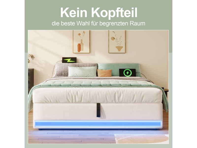  Lit capitonné 140*200cm, beige, sans matelas, led, usb type-c, rangement latéral, relevage hydraulique  - Conforama E