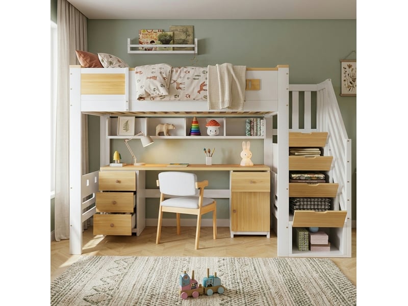  Lit mezzanine modenvie 90 x 200 cm blanc et bois naturel avec bureau, tiroirs, étagère suspendue et escalier de rangement  - Conforama B