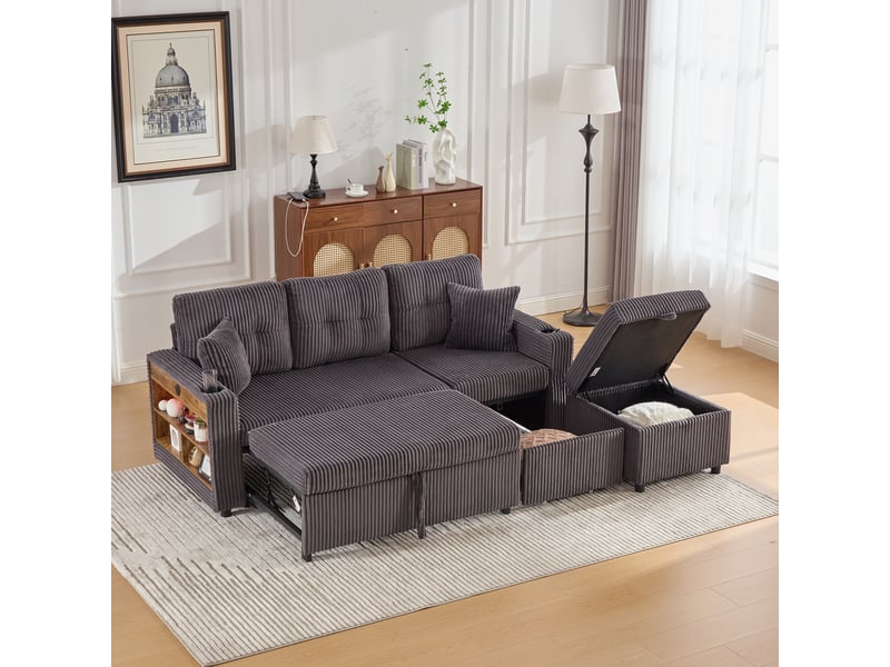  Canapé convertible 196 x 82-144 x 85 cm,coffre de rangement,usb-c, éclairage d’ambiance,porte-gobelets,accoudoirs larges,velours côtelé,gris foncé Bliss Lite - Conforama E