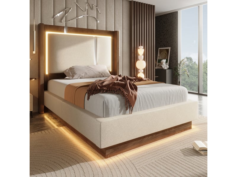  Lit coffre 90x200 cm éclairage led, en lin et bois beige et noyer  - Conforama B