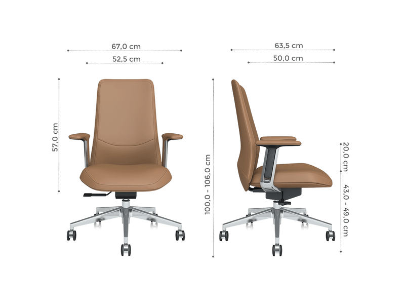 Chaise de bureau en cuir marron à dossier mi-haut, inclinable jusqu’à 127°, base aluminium, pour le travail - Conforama C