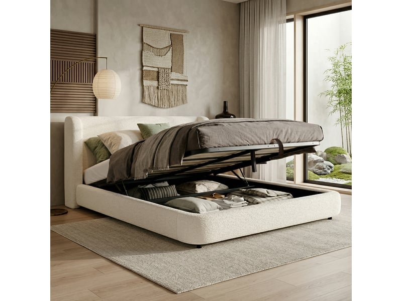  Lit coffre 180x200 cm, lit double, sommier à lattes, rangement hydraulique, tête de lit rembourrée, tissu bouclé beige  - Conforama D