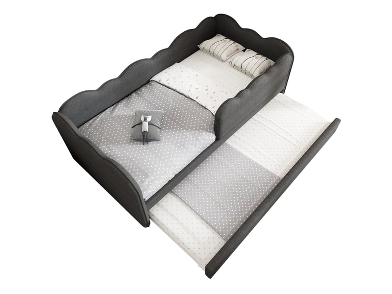  Lit gigogne enfant 90x190 cm avec lit coulissant, banquette lit en lin avec barrière amovible et 2 couchages, lit gain de place gris (sans matelas)  - Conforama A