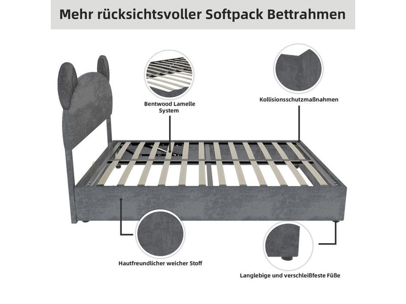  Lit enfant rembourré - tête de lit dessin animé - 140x200 cm - gris - rangement à gaz 90x200x133cm - Conforama D
