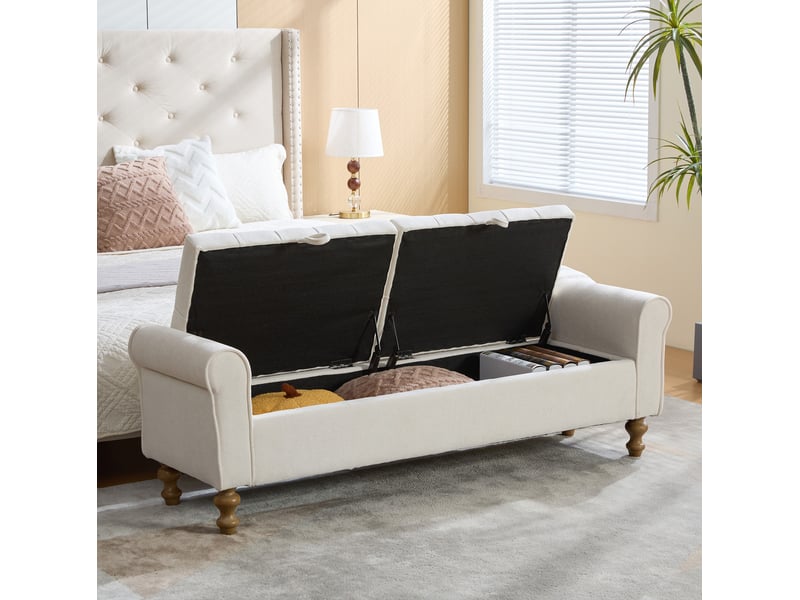  Banc coffre 156x41x51 cm, 2 couvercles, rangement, design moderne, structure robuste, tissu bouclette, couleur beige  - Conforama D
