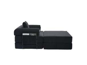 Fauteuil convertible 112 x 95 cm – noir – velours côtelé, coussin et rangement latéral pratique