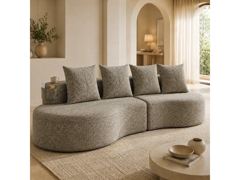 Canapé 4 places en tissu lin avec porte-gobelets et poche latérale khaki evryae - Conforama C