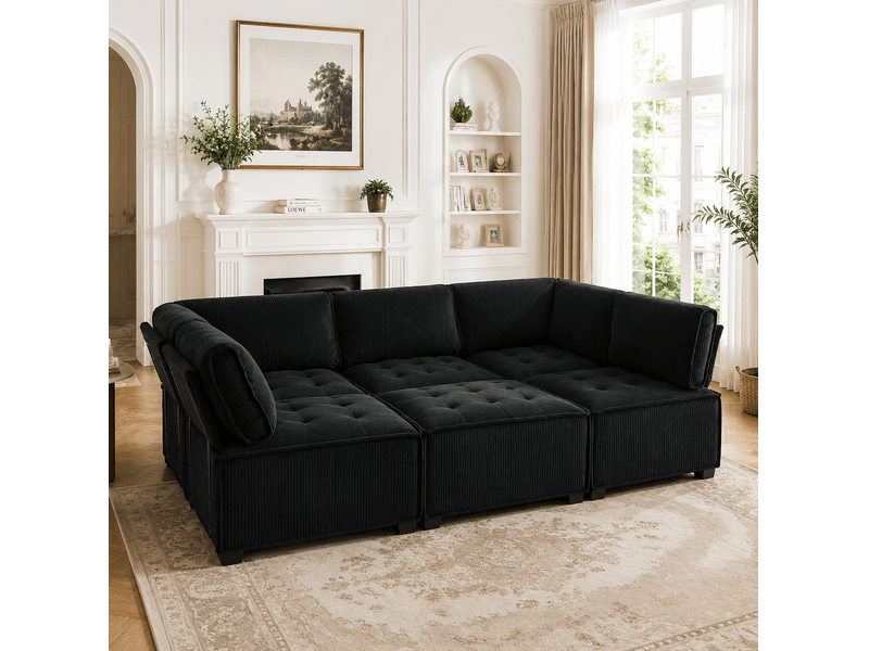  Canapé modulable convertible 6 places en velours côtelé noir, configuration u ou l et poches latérales pratiques  - Conforama E