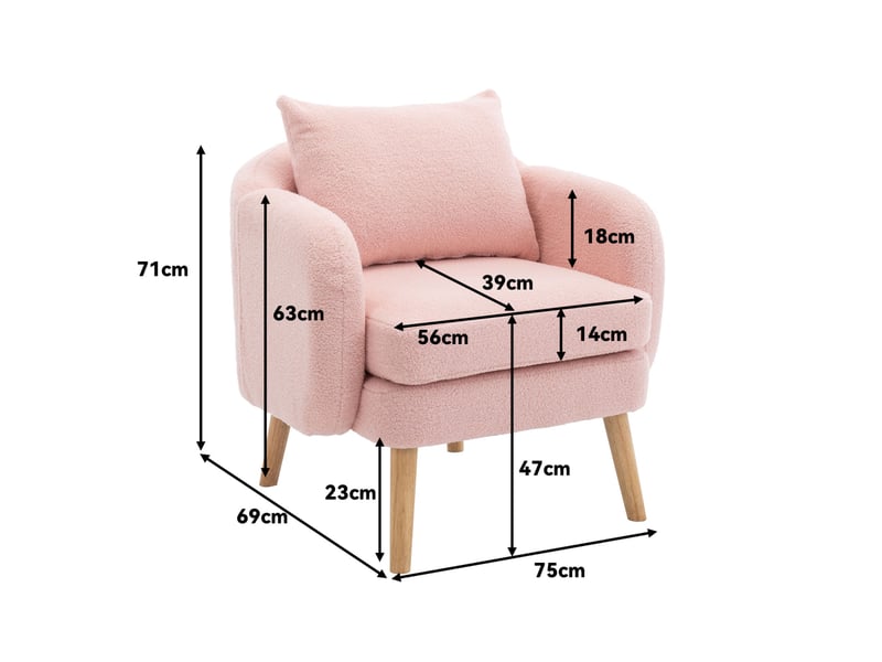  Fauteuil d'accent 75x69x71cm – fauteuil salon individuel avec coussin de 14cm et oreiller lombaire – tissu de velours teddy - rose  - Conforama E